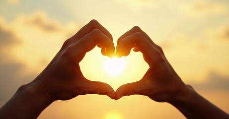 A pair of hands forming a heart shape against a sunlit sky, for hope, love, couple, valentine with copy space.