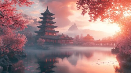 Obraz premium Pagoda Sunrise, Misty Lake, Cherry Blossoms, Scenic Asian Landscape, Calm