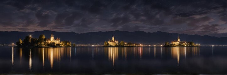 Fototapeta premium Bodensee lake at night with castle Seeheim illuminated, seeheim, night