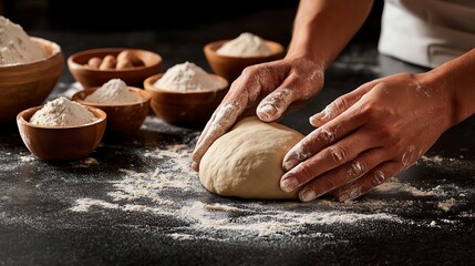 Fototapeta premium Kneading dough for fresh bread preparation.