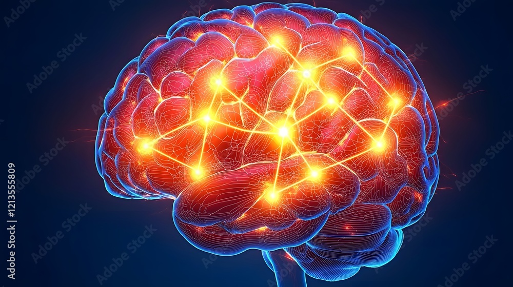 Poster glowing illuminated brain with intricate neural networks and synaptic connections forming new pathwa