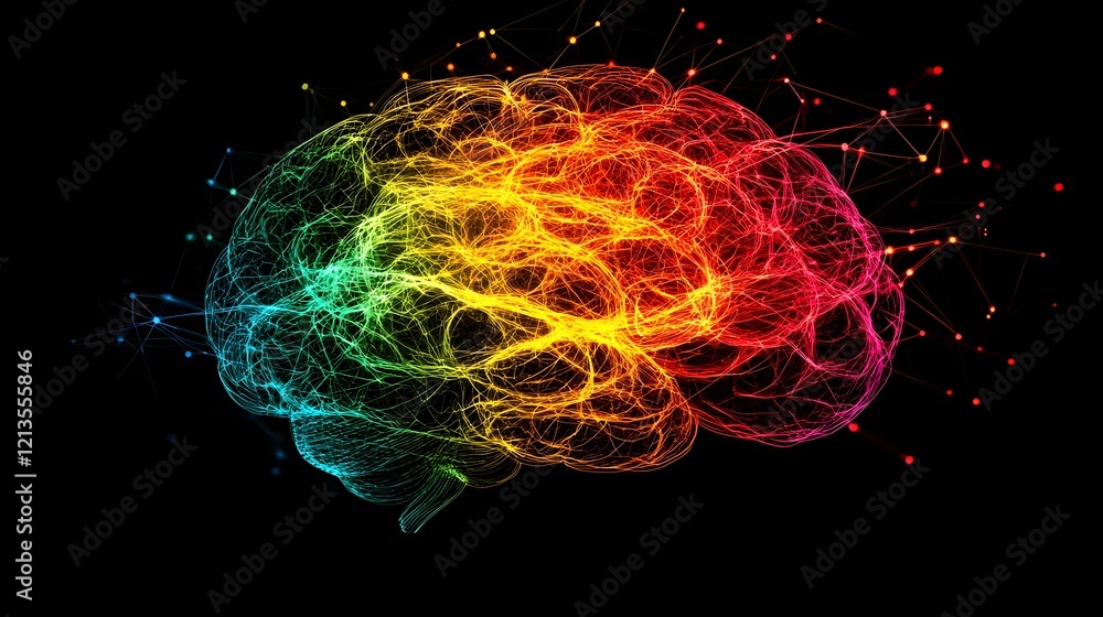 Poster glowing and colorful digital of a brain with luminescent neural pathways and connections forming new
