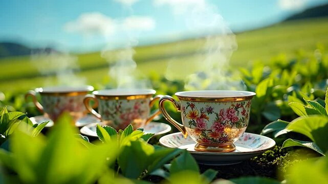 Four Cups of Steaming Tea Resting Amongst Lush Green Tea Leaves