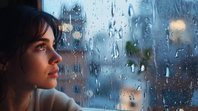 A moody portrait of a young woman looking out a rain-streaked window, illuminated by soft ambient lighting, evoking emotion and quiet reflection
