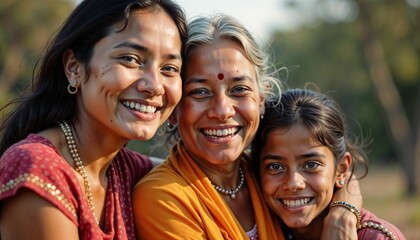 Fototapeta premium Three generations of Indian women smiling together in traditional attire outdoors