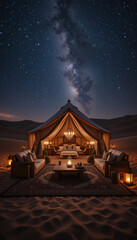 Luxurious desert tent under a starry sky at night