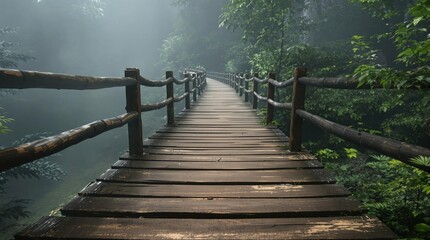 Fototapeta premium Breathtaking view of a wooden bridge path surrounded by wilderness, adventure, wood bridge, platform, walkway