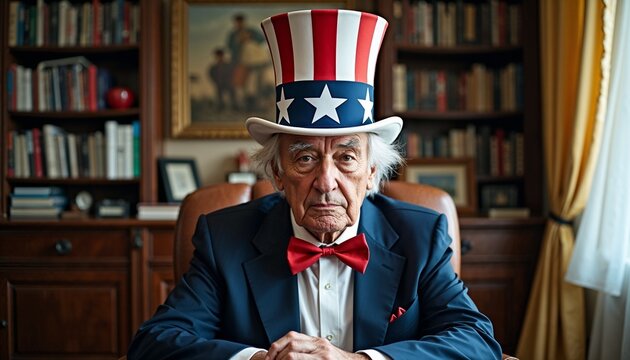Elderly man wearing Uncle Sam hat and bowtie, celebrating Independence Day in a classic setting