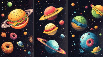 Funny bookmarks with food planets in outer space. Vector vertical banners with cartoon illustration of fantasy galaxy with spheres with pizza, burger and donut texture