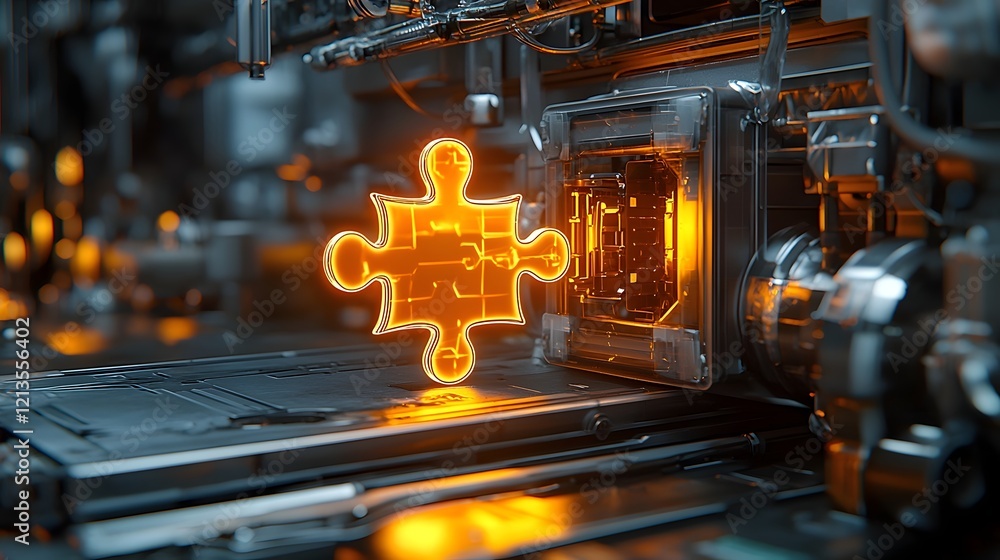 Poster glowing 3d puzzle piece seamlessly fitting into a sleek futuristic high tech device representing the