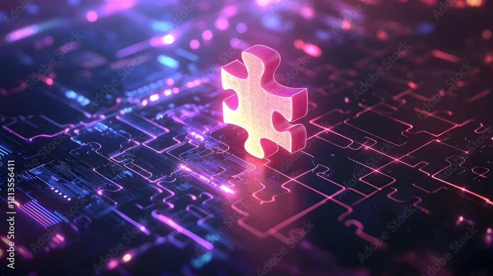 Poster glowing 3d puzzle piece seamlessly integrating into a futuristic technological device symbolizing in