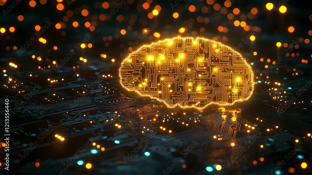 Poster glowing circuit board forming a brain pattern to symbolize the connection between technology creativ