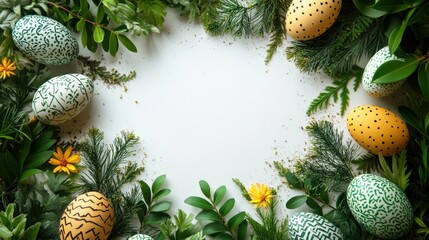 Easter frame design for greeting cards featuring decorative green and yellow ornaments on a white background, creating a festive and elegant composition for holiday celebrations and messages.