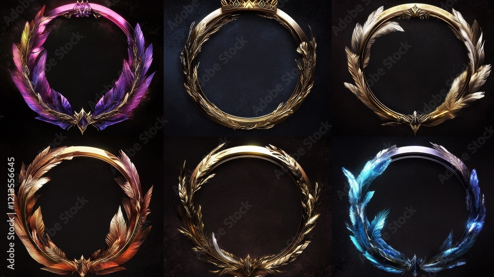 Aufkleber futuristic frames with feathers and crown for user avatar in game interface. game ui elements, empty