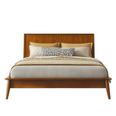 Stylish wooden bed features a clean design with a high headboard and plush bedding on a transparent background. The bedding includes decorative pillows and textured layers for comfort
