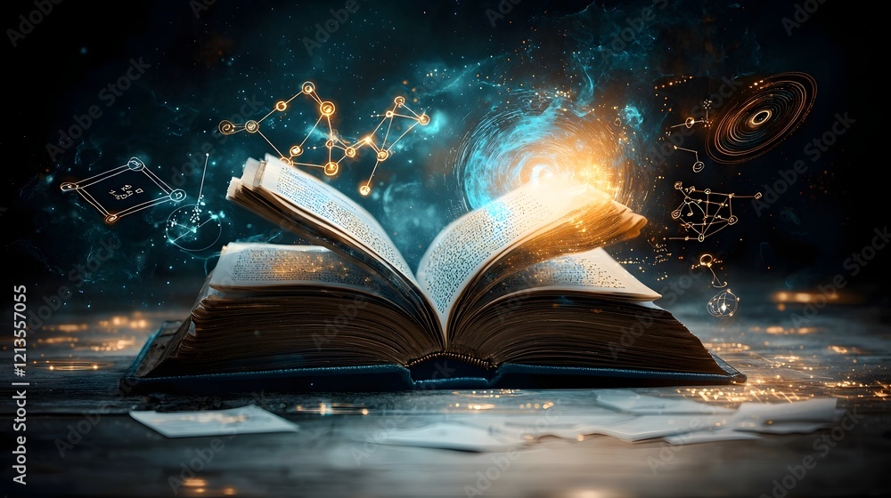 Poster an open book glowing with vibrant blue and golden light its pages transforming into a dynamic scene 