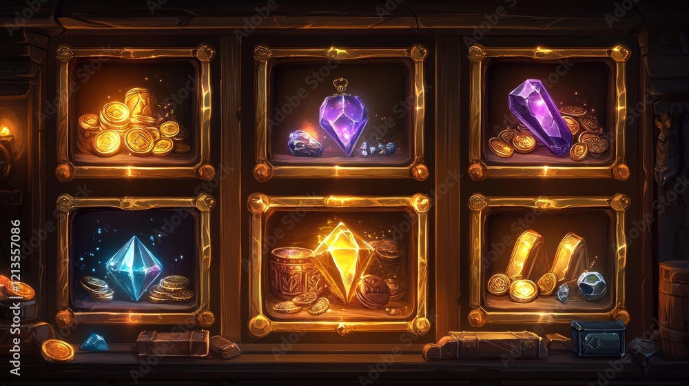 Poster daily game reward graphic user interface, menu panel for rpg. screen gui design with level assets in