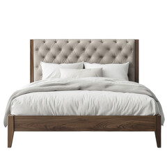 Stylish bed features a tufted headboard and a sturdy wooden frame, adorned with fluffy white bedding. Ideal for showcasing modern bedroom decor ideas