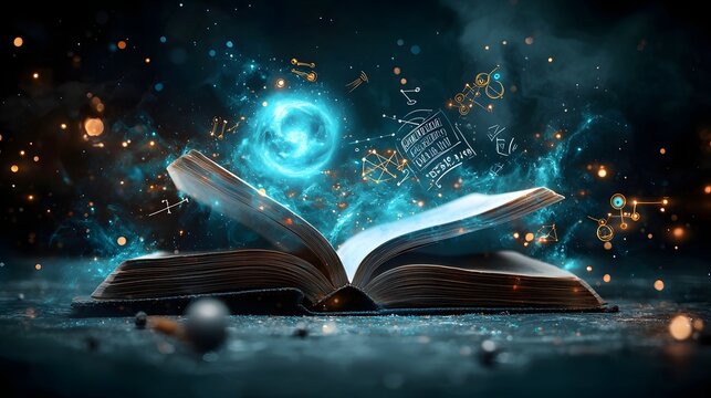 Glowing open book with vibrant blue and golden light its pages transforming into a dynamic scene showcasing various physics concepts including a swirling galaxy Newton s cradle in motion