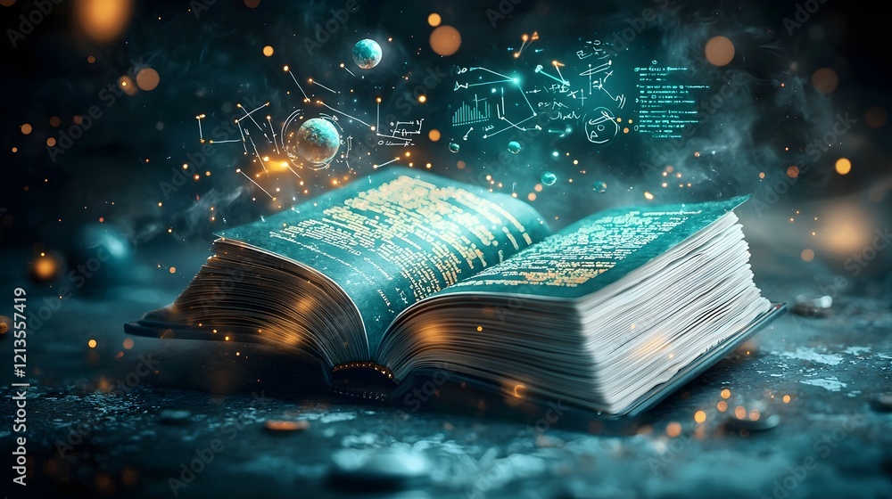 Poster magical open book with glowing pages depicting iconic physics phenomena such as an apple falling lig