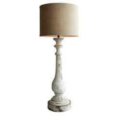 Stylish floor lamp showcases a tall, cream-colored base with a weathered finish. The natural fabric shade provides soft lighting, perfect for cozy settings
