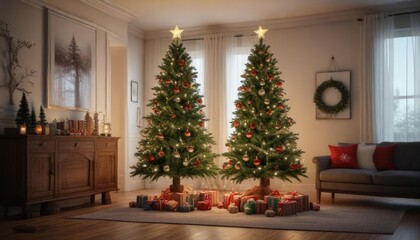 Christmas Eve tree decorated with ornaments and lights, merry atmosphere, ornaments on the tree