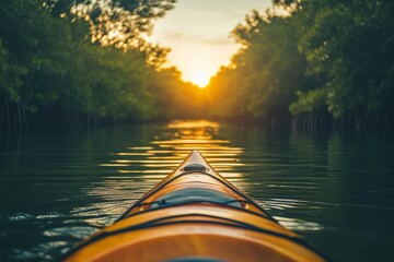 Fototapeta premium A serene kayak glides through calm waters at sunset, surrounded by lush greenery, capturing the essence of tranquility and adventure.