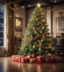 Christmas tree with glittering garlands and sparkling ornaments, bright colors, seasonal theme, fun decorations