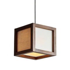 Stylish hanging light fixture designed with a wooden frame, featuring a unique cube shape. This lamp casts a warm, inviting glow, perfect for enhancing any modern decor