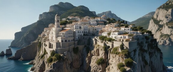 Cliffside church with Mediterranean sea behind it in Atrani Amalfi Coast , church, atrani