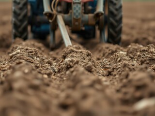 Close-up of a cultivator plowing the earth, garden tiller, cultivator, farming techniques