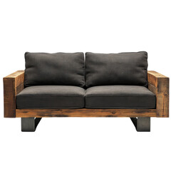 Stylish sofa features robust wooden arms and a sturdy frame, complemented by soft, comfortable cushions. Ideal for modern interiors, it adds a touch of elegance and comfort