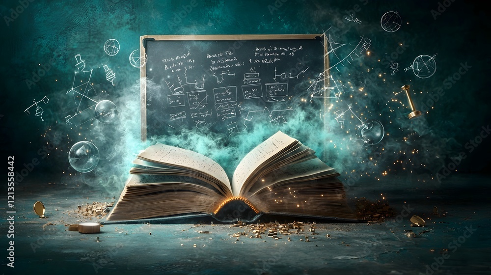 Poster glowing open book transforming into a dynamic physics classroom scene with a chalkboard covered in e