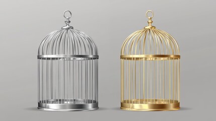 Bird cages, vintage empty birdcages of golden and silver colors, metal jails with open and closed doors isolated on transparent background. Steel and gold traps, realistic 3d vector illustration, set
