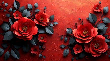Naklejka premium Red paper flowers and dark leaves on red background.