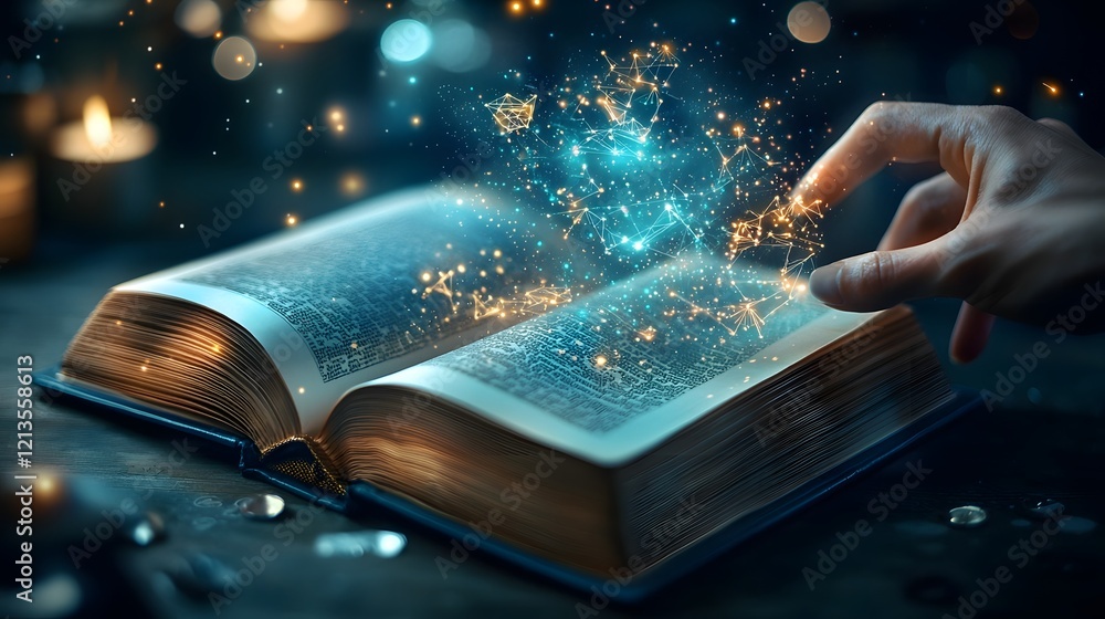 Poster illuminated book projecting a vibrant scene of a physics simulation with moving particles oscillatin