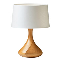 Stylish wooden lamp features a curved base and a white fabric shade. This design adds a contemporary touch to any living space, providing warm illumination for relaxation