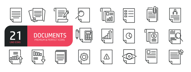 Set of line icons related to documents, calculation, setting, paper, contract. Outline icons collection. Editable stroke. Vector illustration.