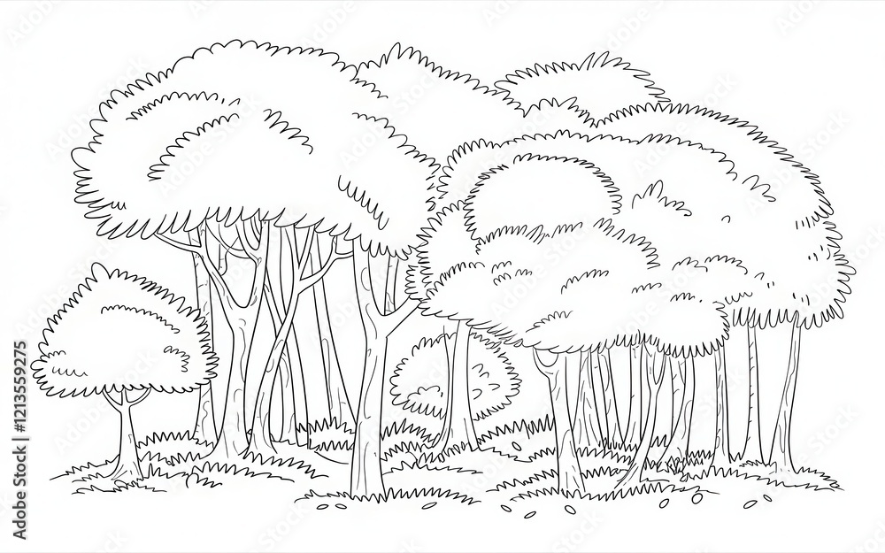 Poster a simple line drawing of a forest scene with trees