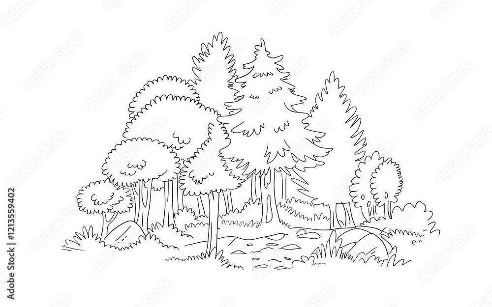 Poster line drawing of a tranquil forest scene with trees and bushes