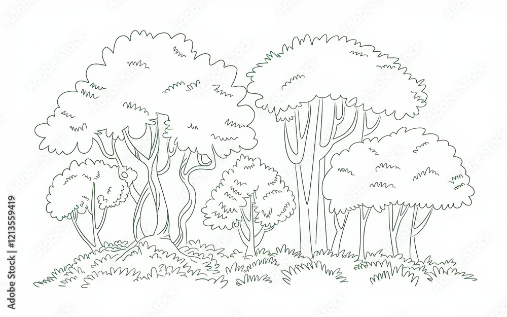 Poster a simple line drawing of trees and grass