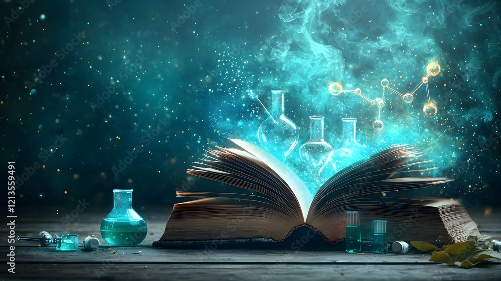 Poster a glowing open book transforms into a dynamic laboratory scene its pages bursting with vibrant blue 