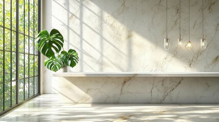 Empty modern minimal counter with a tabletop featuring a green monstera plant, sunlight casting leaf shadows on a white outdoor wall, offering space for luxury summer organic product display.