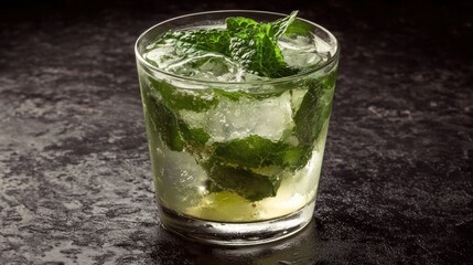 Fototapeta premium Refreshing mint cocktail in rocks glass with ice.