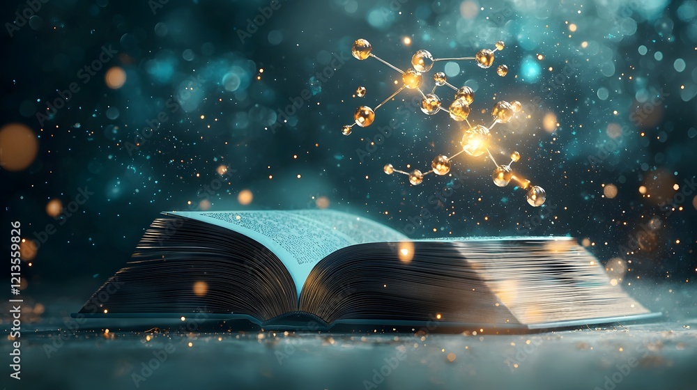 Aufkleber magical open book with glowing pages showcasing a three dimensional model of a molecule surrounded b