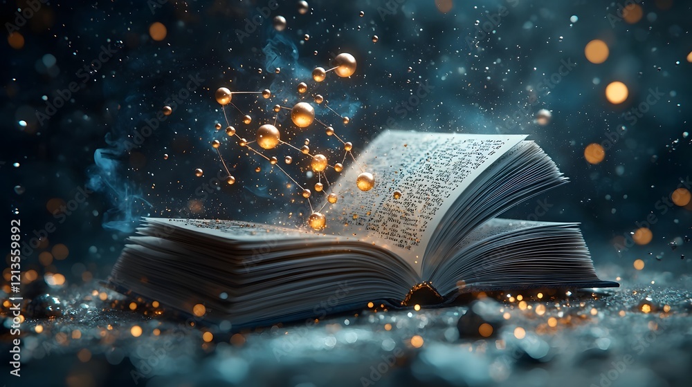 Poster magical open book with glowing pages displaying a three dimensional model of a molecule surrounded b