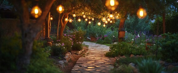 Evening garden path, stone walkway, lights. Peaceful background, romantic setting