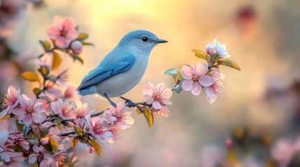 Bluebird perched on spring blossom branch, sunset background, nature calendar