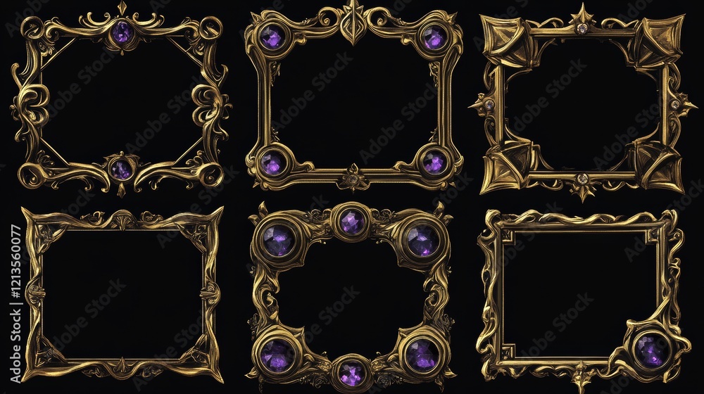 Aufkleber vintage fantasy golden frames for rpg game ui design. vector cartoon set of empty square banners wit