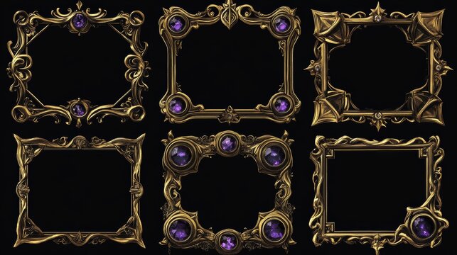 Vintage fantasy golden frames for rpg game ui design. Vector cartoon set of empty square banners with fancy golden border in medieval style and purple gems isolated on black background